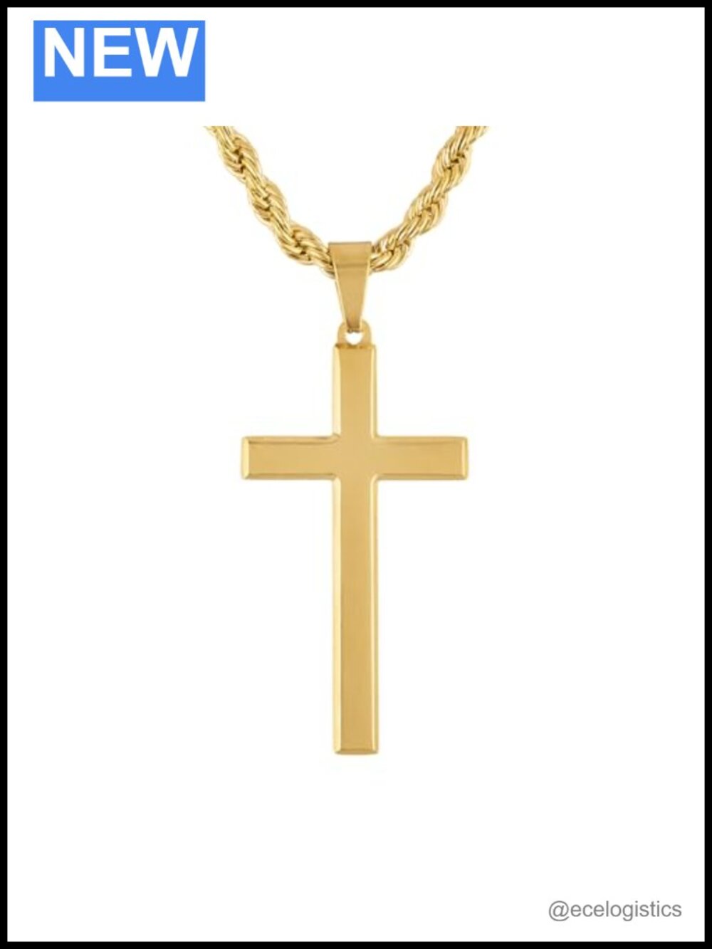 14K Gold Plated Cuban Link Cross Pendant Necklace Stainless Steel 24in